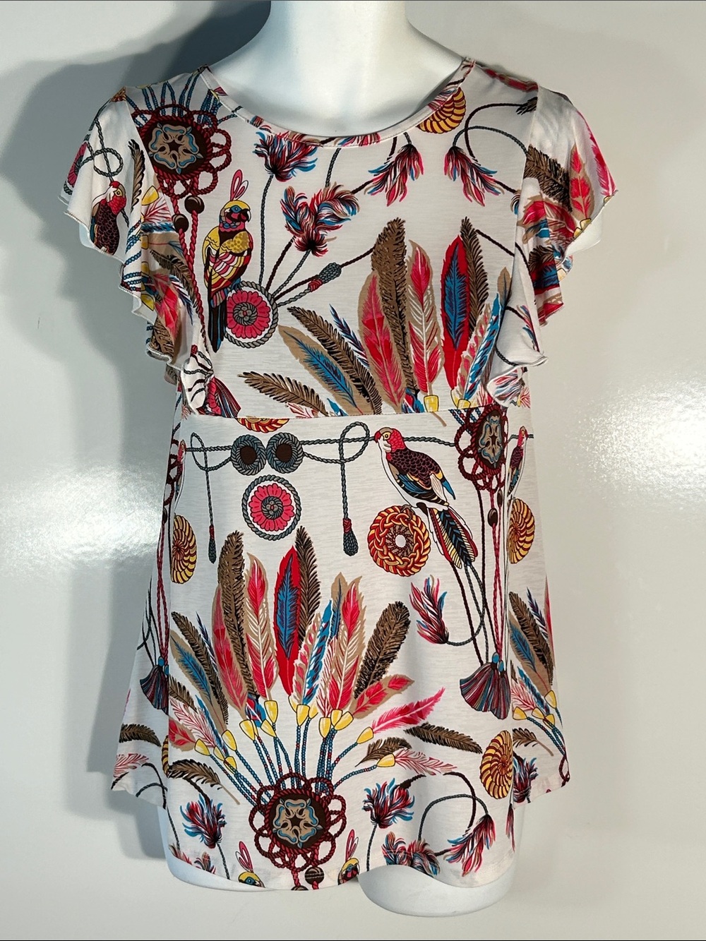 R Rouge SZXL Feather & Parrot Print Flutter Sleeve Top Southwestern Western Boho